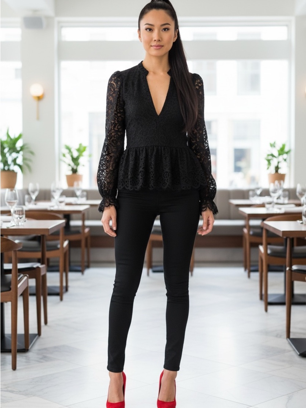 NWT Lilly Pulitzer Jacelynne Black Lace Peplum Blouse Long Sleeve SIZE M